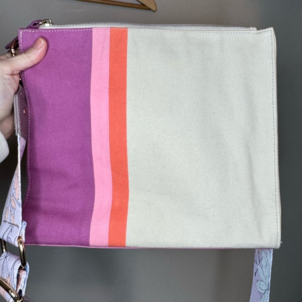 Erin Condren Canvas Crossbody Pouch Bag Pink‎ Stripe Adjustable Floral Strap